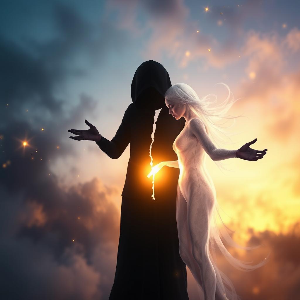 A powerful visual of two broken souls gravitating towards each other in a dreamy, twilight setting