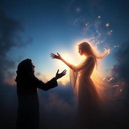 A powerful visual of two broken souls gravitating towards each other in a dreamy, twilight setting