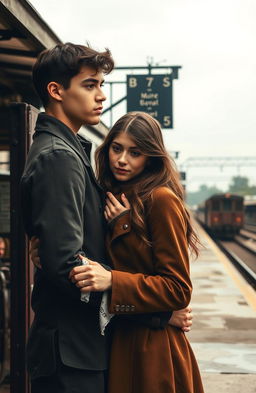 A tall young man with dark hair is saying goodbye to his girlfriend who has long brown hair and brown eyes at a train station