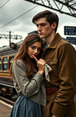 A tall young man with dark hair is saying goodbye to his girlfriend who has long brown hair and brown eyes at a train station
