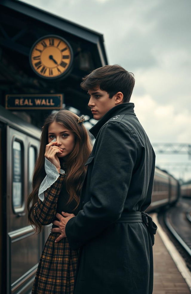 A tall young man with dark hair is saying goodbye to his girlfriend who has long brown hair and brown eyes at a train station