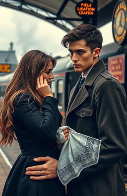 A tall young man with dark hair is saying goodbye to his girlfriend who has long brown hair and brown eyes at a train station