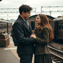 A tall young man with dark hair is saying goodbye to his girlfriend who has long brown hair and brown eyes at a train station