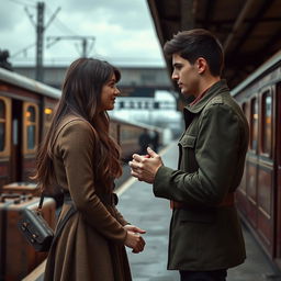 A tall young man with dark hair is saying goodbye to his girlfriend who has long brown hair and brown eyes at a train station