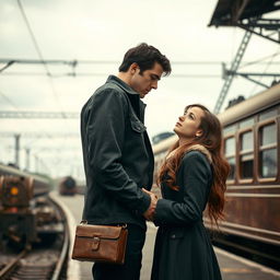 A tall young man with dark hair is saying goodbye to his girlfriend who has long brown hair and brown eyes at a train station