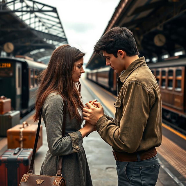 A tall young man with dark hair is saying goodbye to his girlfriend who has long brown hair and brown eyes at a train station