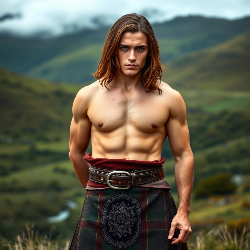 A handsome Scottish warrior with shoulder-length brown hair and striking green eyes, standing proudly and confidently
