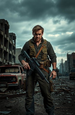 A rugged survivor in a zombie apocalypse, wearing weathered tactical gear and holding a makeshift weapon, standing amidst a desolate urban landscape
