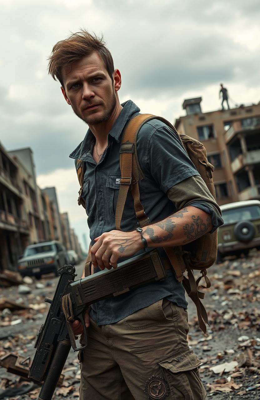 A rugged survivor in a zombie apocalypse, wearing weathered tactical gear and holding a makeshift weapon, standing amidst a desolate urban landscape