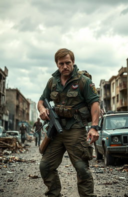 A rugged survivor in a zombie apocalypse, wearing weathered tactical gear and holding a makeshift weapon, standing amidst a desolate urban landscape