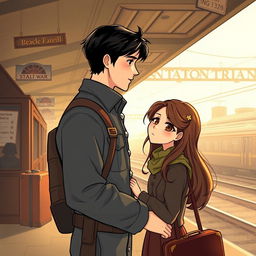 A tall young man with dark hair is bidding farewell to his girlfriend, who has long brown hair and brown eyes, at a train station