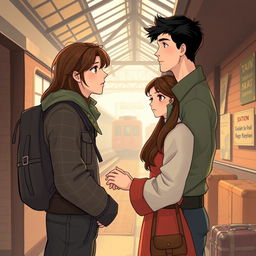 A tall young man with dark hair is bidding farewell to his girlfriend, who has long brown hair and brown eyes, at a train station