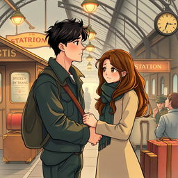 A tall young man with dark hair is bidding farewell to his girlfriend, who has long brown hair and brown eyes, at a train station