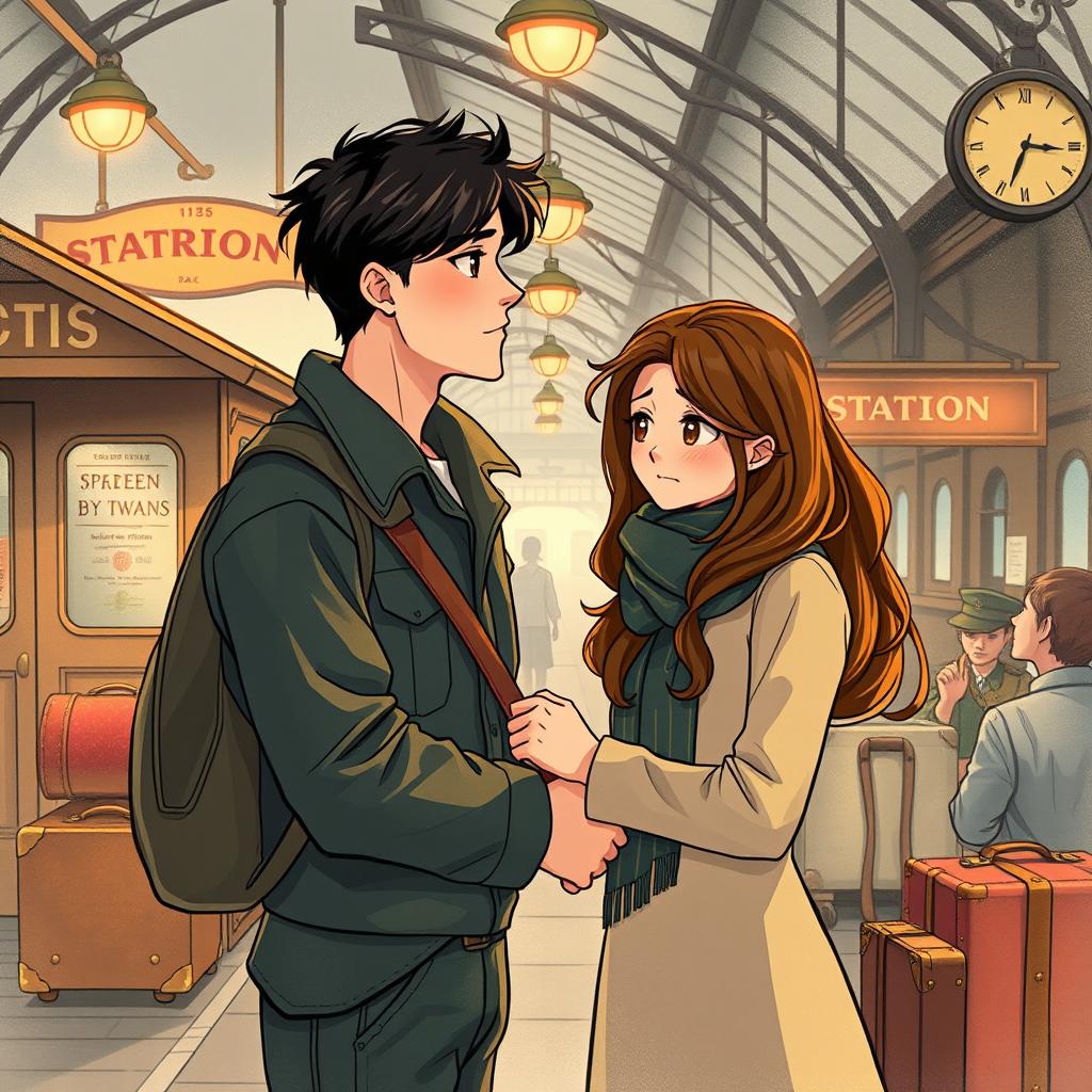 A tall young man with dark hair is bidding farewell to his girlfriend, who has long brown hair and brown eyes, at a train station