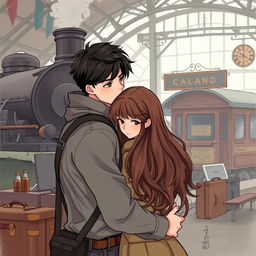 A tall young man with dark hair is saying goodbye to his girlfriend, who has long brown hair and brown eyes, at a train station