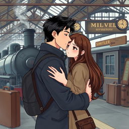 A tall young man with dark hair is saying goodbye to his girlfriend, who has long brown hair and brown eyes, at a train station
