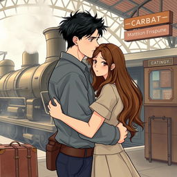 A tall young man with dark hair is saying goodbye to his girlfriend, who has long brown hair and brown eyes, at a train station