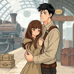 A tall young man with dark hair is saying goodbye to his girlfriend, who has long brown hair and brown eyes, at a train station