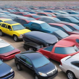 A spacious used car lot filled with a variety of cars from different years and models, with colorful price tags hanging from the mirrors.