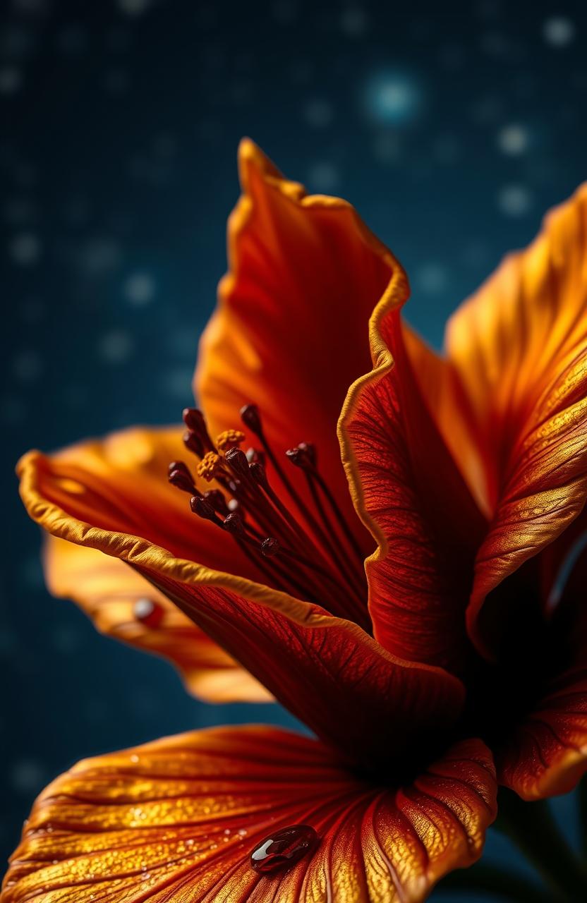 A stunning night flower covered in a beautiful veil of gold and deep crimson blood