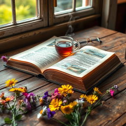 An open book lying on a rustic wooden table, showcasing its beautifully illustrated pages filled with colorful images and intricate text
