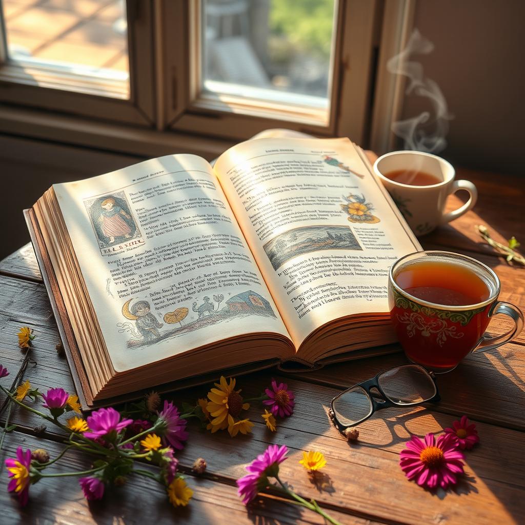 An open book lying on a rustic wooden table, showcasing its beautifully illustrated pages filled with colorful images and intricate text