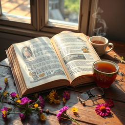 An open book lying on a rustic wooden table, showcasing its beautifully illustrated pages filled with colorful images and intricate text