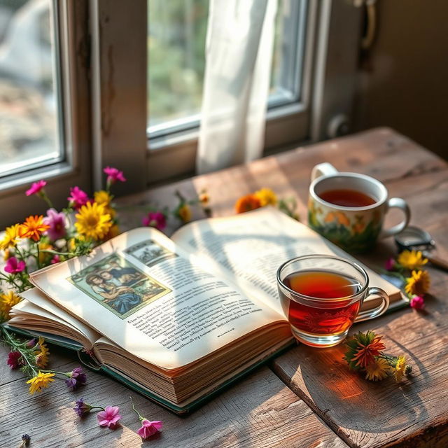 An open book lying on a rustic wooden table, showcasing its beautifully illustrated pages filled with colorful images and intricate text