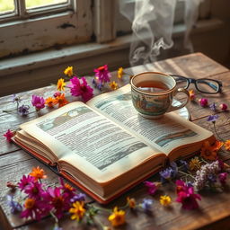 An open book lying on a rustic wooden table, showcasing its beautifully illustrated pages filled with colorful images and intricate text