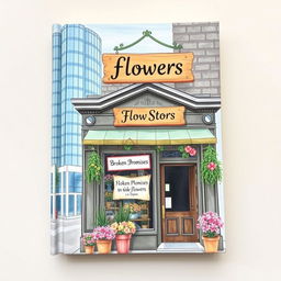 A beautifully illustrated book cover featuring a quaint old flower shop, the shopfront adorned with vibrant floral displays and a charming hanging sign that reads 'Broken Promises'