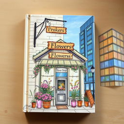 A beautifully illustrated book cover featuring a quaint old flower shop, the shopfront adorned with vibrant floral displays and a charming hanging sign that reads 'Broken Promises'