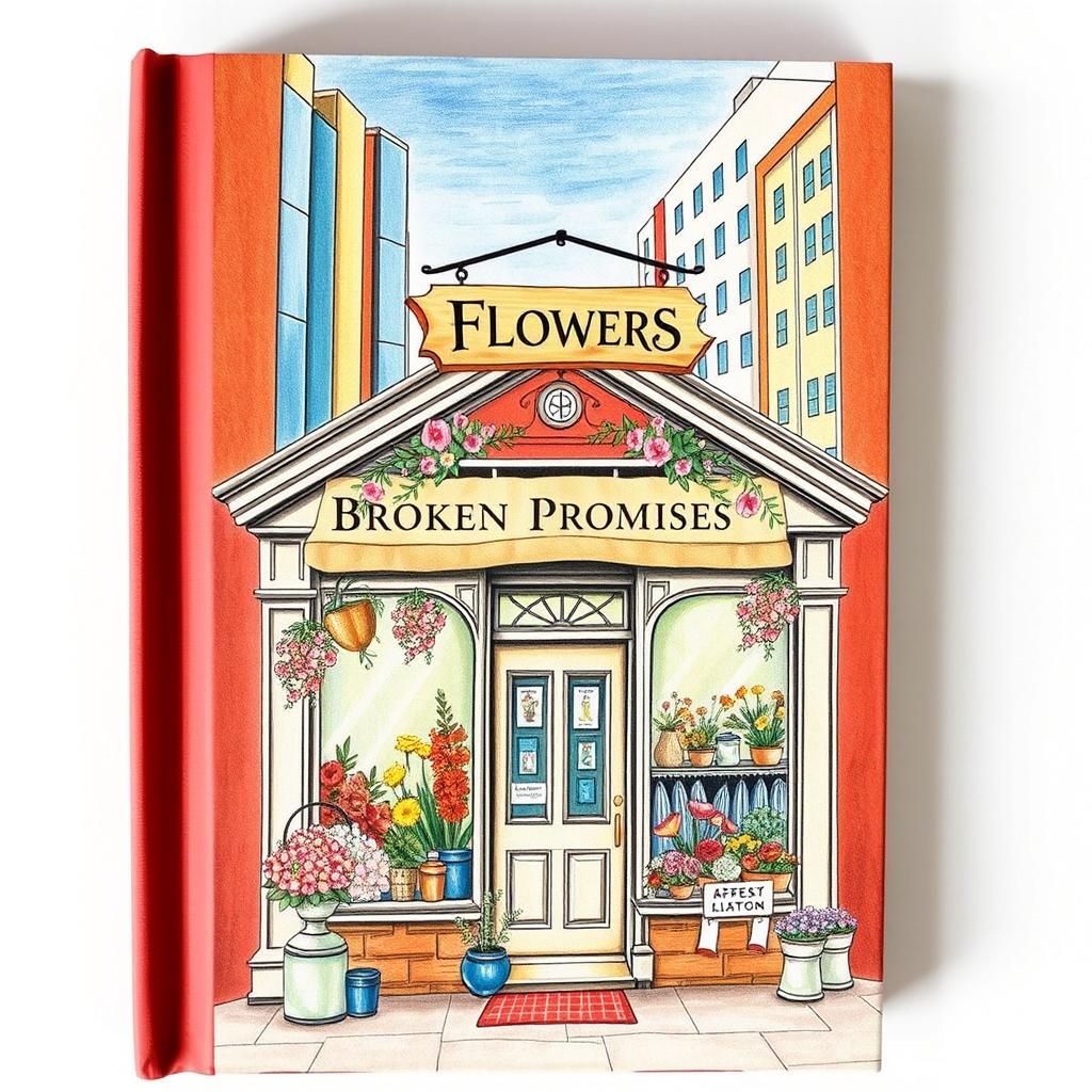 A beautifully illustrated book cover featuring a quaint old flower shop, the shopfront adorned with vibrant floral displays and a charming hanging sign that reads 'Broken Promises'