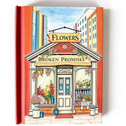 A beautifully illustrated book cover featuring a quaint old flower shop, the shopfront adorned with vibrant floral displays and a charming hanging sign that reads 'Broken Promises'