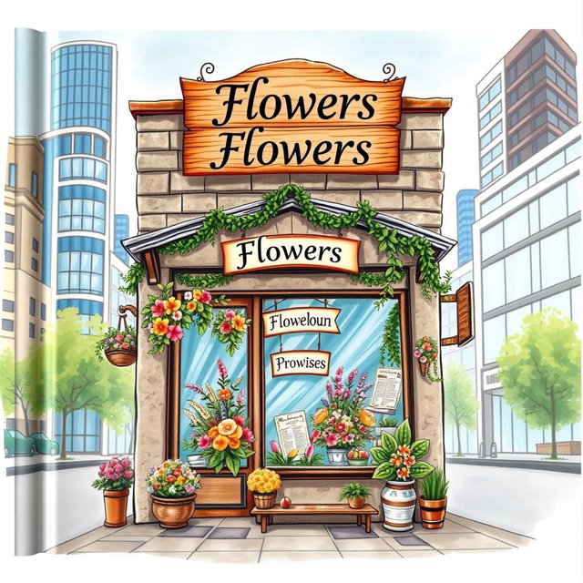 A beautifully illustrated book cover featuring a quaint old flower shop, the shopfront adorned with vibrant floral displays and a charming hanging sign that reads 'Broken Promises'