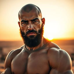 A handsome bald, muscular, and bearded Middle Eastern man standing confidently, showcasing his toned physique
