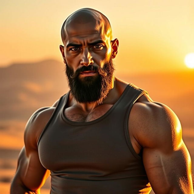 A handsome bald, muscular, and bearded Middle Eastern man standing confidently, showcasing his toned physique