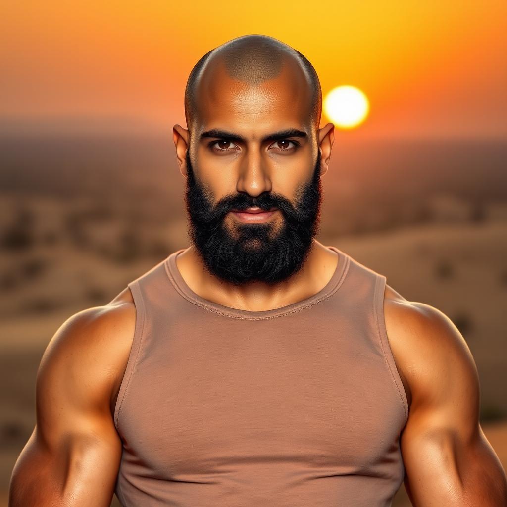 A handsome bald, muscular, and bearded Middle Eastern man standing confidently, showcasing his toned physique