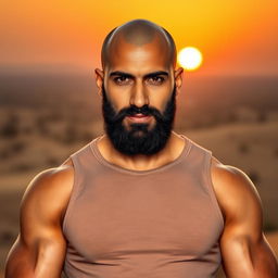 A handsome bald, muscular, and bearded Middle Eastern man standing confidently, showcasing his toned physique