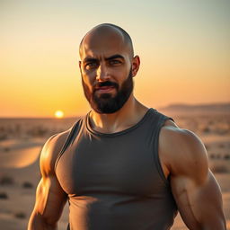 A handsome bald, muscular, and bearded Middle Eastern man standing confidently, showcasing his toned physique
