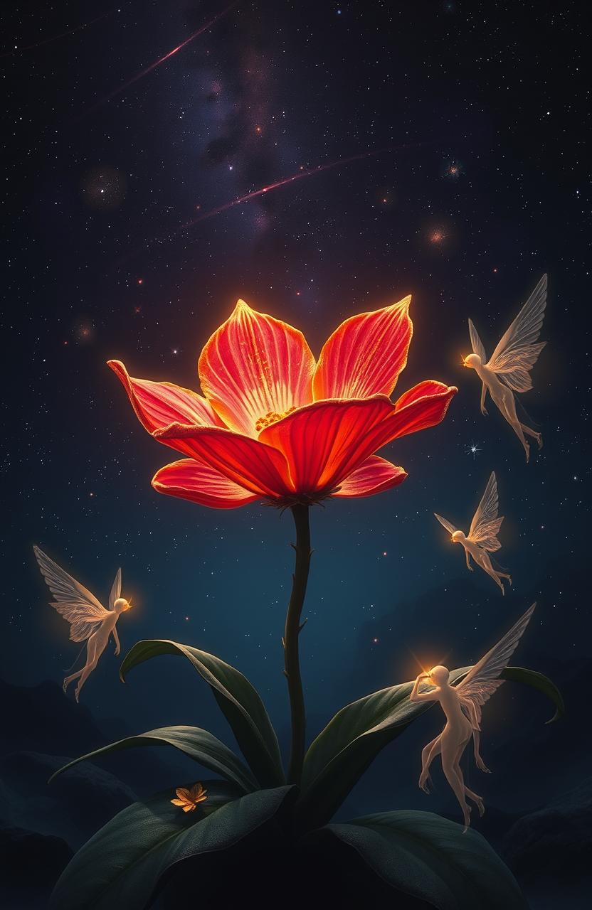 A mystical scene depicting a night-time flower on a planet named Orchid, covered with a beautiful veil of gold and crimson red, resembling blood