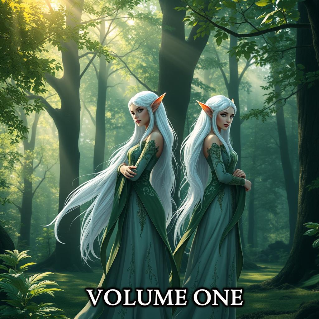 A captivating book cover for volume one, featuring two elegant white-haired elves standing gracefully