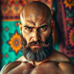 A striking portrait of a handsome bald, muscular, bearded man from the Middle East