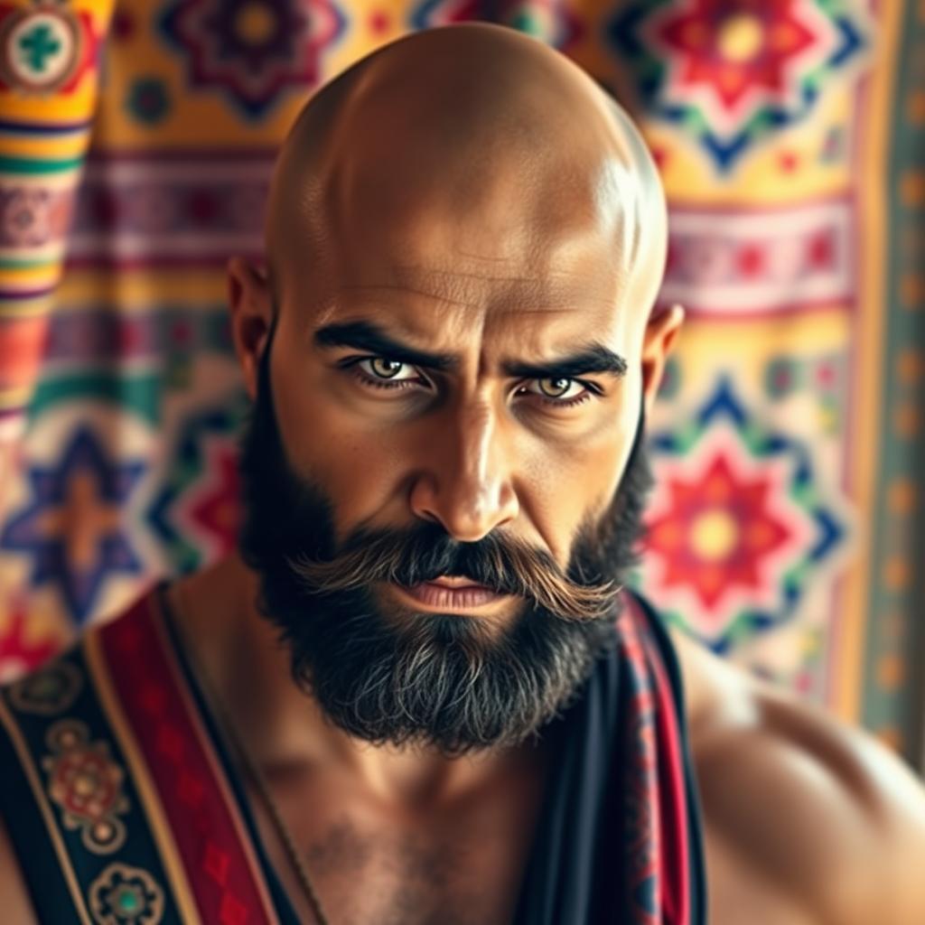 A striking portrait of a handsome bald, muscular, bearded man from the Middle East