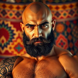 A striking portrait of a handsome bald, muscular, bearded man from the Middle East