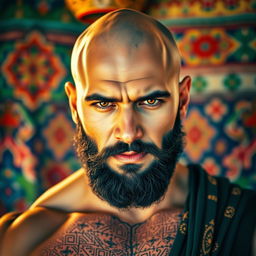 A striking portrait of a handsome bald, muscular, bearded man from the Middle East