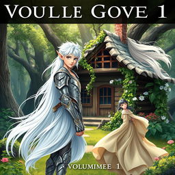A captivating book cover for Volume 1 featuring a white-haired elven boy and a girl, both strikingly beautiful and ethereal