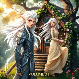 A captivating book cover for Volume 1 featuring a white-haired elven boy and a girl, both strikingly beautiful and ethereal