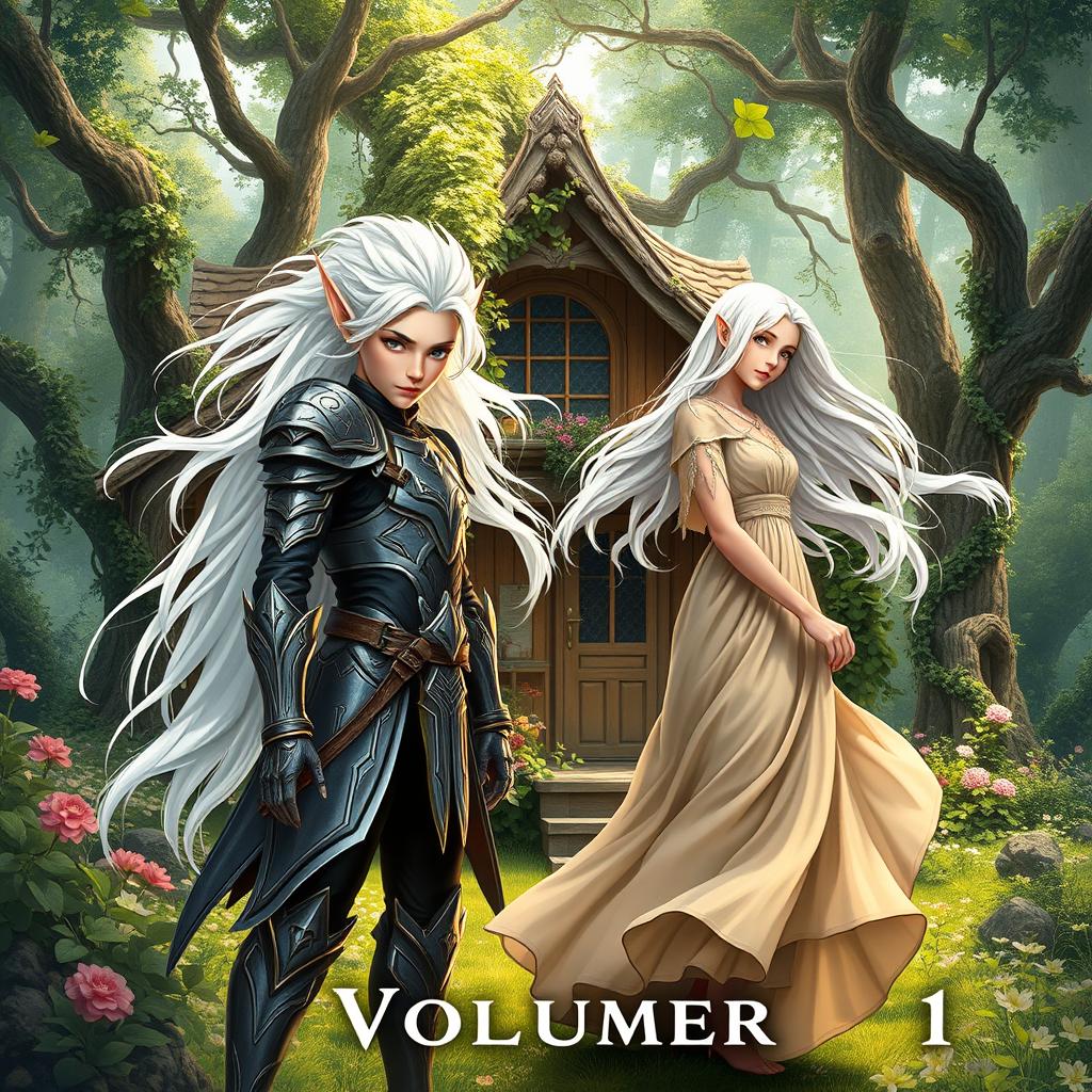 A captivating book cover for Volume 1 featuring a white-haired elven boy and a girl, both strikingly beautiful and ethereal