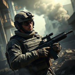 A hyper-realistic artwork of a soldier in modern combat gear, reminiscent of the iconic aesthetic of Call of Duty: Modern Warfare 3