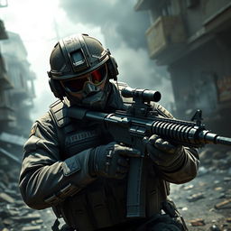 A hyper-realistic artwork of a soldier in modern combat gear, reminiscent of the iconic aesthetic of Call of Duty: Modern Warfare 3
